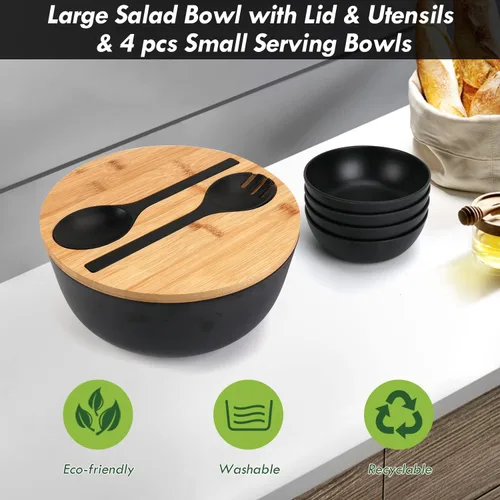 Vista 2 de ShineMe Ensaladeras, ensaladera grande con tapa y servidores, juego de ensaladas de bambú con 4 cuencos pequeños para servir, cuenco de cocina Negro