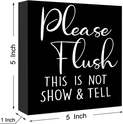 Vista 2 de Divertido letrero de madera negra – Please Flush, Not Show and Tell – Letrero de bloque de madera para inodoro, baño, hogar, mesa, decoración
