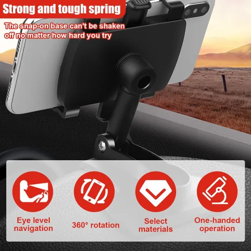 Vista 4 de Soporte para teléfono de coche, soporte giratorio de 360° ABS para espejo retrovisor automático con clip de base antideslizante, soporte