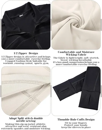 Vista 4 de Neer Paquete de 2 chaquetas de manga larga para mujer, con cremallera de 12, ombligueras de yoga, ajustadas, para correr, con agujeros para el pulgar
