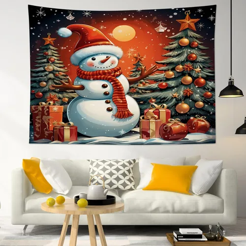 Vista 10 de HVEST Tapiz navideño de muñeco de nieve para colgar en la pared, divertido muñeco de nieve con sombrero rojo de Navidad y tapiz de regalo, tapiz