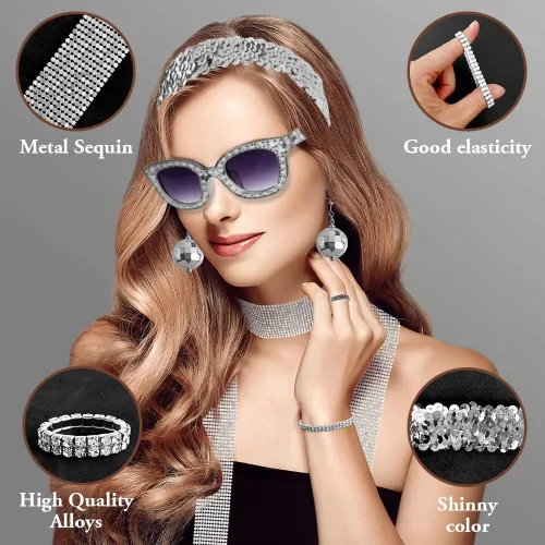Vista 3 de zxbaers Accesorios de discoteca de los años 70, juego de accesorios de disfraz de discoteca para mujer, accesorios de bola