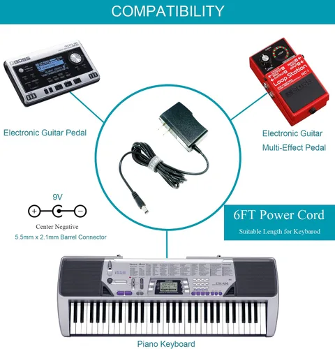 Vista 2 de MaxLLTo Adaptador de CA extra largo de 6 pies para cable de alimentación Casio CTK-560L CTK-571 cargador de pared para teclado