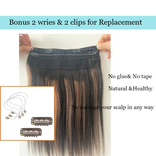 Vista 3 de Extensiones de cabello con alambre negro, extensiones de cabello balayage, extensiones de cabello con alambre de cabello humano, 14 pulgadas 70 g