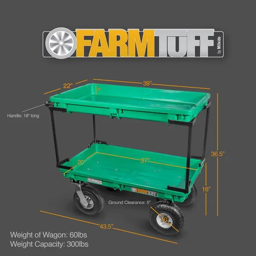Vista 2 de FARM-TUFF Carro de jardín de plástico de doble nivel, 37 x 20 pulgadas, carrito utilitario de polietileno resistente con neumáticos neumáticos