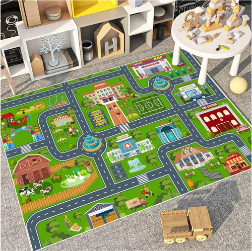 Vista 11 de Alfombra de coche de carretera para niños, 31 x 47 pulgadas, alfombra de pista de carreras de ciudad, alfombra de carreras para niños, alfombra