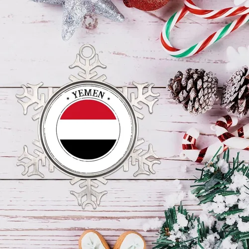 Vista 4 de Adorno de copo de nieve de Yemen, bandera de las naciones de Yemen, adornos de metal, recuerdo de regalo, adornos colgantes para decoración