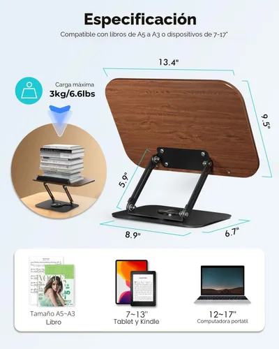 Vista 5 de Viozon - Soporte de libros para leer, portalibros, altura y ángulo ajustables, base giratoria de 360°, plegable y portátil, liviano para oficina