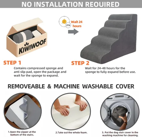 Vista 3 de Rampa de escaleras para mascotas de 5 escalones para sofás de cama alta de 23 a 30 pulgadas con almohadillas resistentes antideslizantes e
