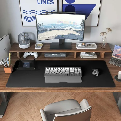 Vista 6 de DAWNTREES - Tapete de escritorio a doble cara, almohadilla de escritorio de cuero, negro 35.5"x17", protector de escritorio de corcho