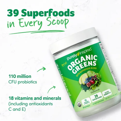 Vista 2 de Purely Inspired Organic Greens Powder Superfood Smoothie Mix, sin sabor (30 porciones) – Super Greens con probióticos, espirulina y clorella
