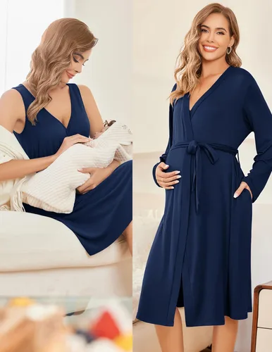 Vista 4 de Ekouaer Conjunto de bata y bata de maternidad para mujer, camisón de lactancia para el parto, ropa de embarazo, S-XXL