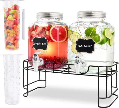Vista 10 de Dispensadores de bebidas de vidrio de 1 galón para fiestas, juego de 2, dispensador de bebidas con infusor y soporte de frutas, dispensador de jugo