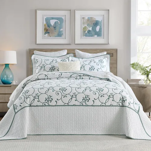 Vista 9 de Juego de cubrecama de gran tamaño de 100% algodón, 120"x102" extra grande para cama Queen, con fundas de almohada, ropa de cama bordada ligera de 3