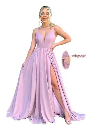 Vista 2 de Vestido largo de gasa con cuello en V para mujer, vestido formal de dama de honor, con bolsillos