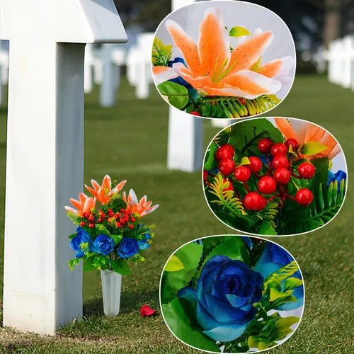 Vista 4 de XONOR Flores artificiales de cementerio para tumba, juego de 4 flores artificiales conmemorativas con jarrón para cementerio al aire libre, lápidas