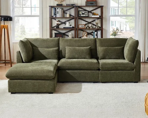Vista 21 de Sofá Modular de Tamaño Grande, Sofá Seccional de Chenilla Cloud Extra Profundo con Chaise Otomana, Sofá Cama de Chenilla Esponjosa de 5 Asientos