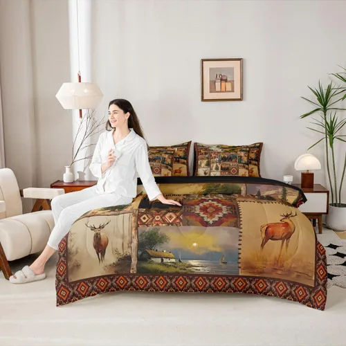 Vista 109 de Feelyou Juego de edredón de ciervo con sábanas – Tamaño Queen 7 piezas Juego de ropa de cama infantil de caza rústica – Cama de ciervo de cabaña