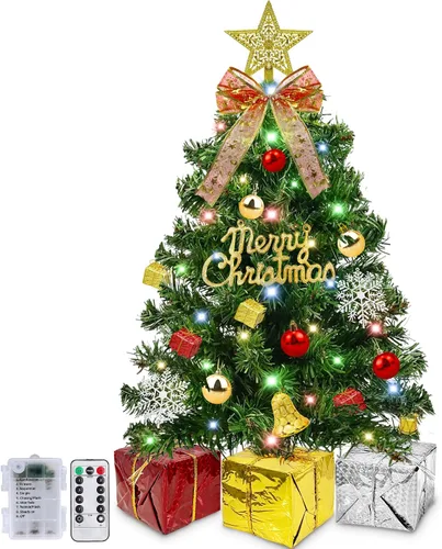 Vista 11 de Timer - 24 Inch/2 FT Blue Tabletop Christmas Tree with Lights 8 Modes Mini árbol de Navidad pequeño, 20 luces blancas cálidas, 20 cajas de Azul