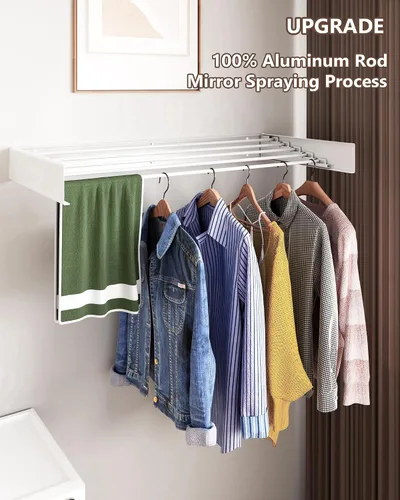 Vista 3 de Tendedero de pared de 31.5 pulgadas, 5 postes de aluminio, capacidad de carga de 60 libras, plegable, retráctil, ahorro de espacio