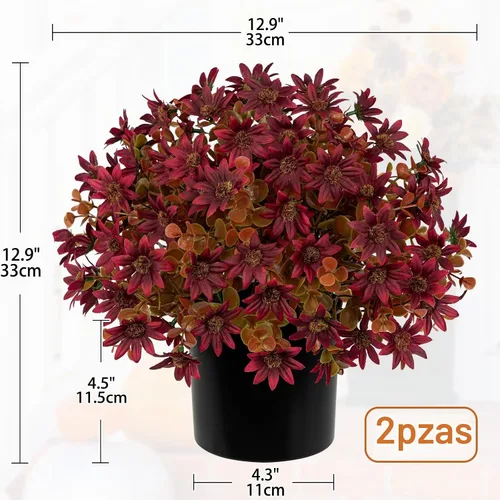 Vista 2 de Briful Paquete de 2 flores falsas de crisantemo de otoño para exteriores Borgoña