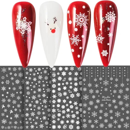 Vista 3 de Calcomanías de uñas de copo de nieve 10 hojas, calcomanías de copo de nieve de Navidad, calcomanías de uñas 3D autoadhesivas, diseño de uñas de tema