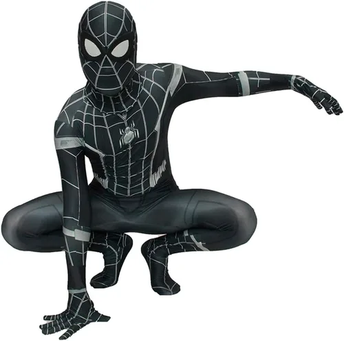 Vista 4 de PREQUA Disfraz de superhéroe de Halloween para hombre, cosplay, traje negro, Zentai, overol de juego de simulación para niños y adultos