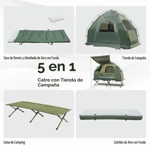 Vista 3 de Tangkula Combo de Catre de Tienda 5 en 1 con Toldo, Colchón de Aire, Saco de Dormir, Almohada, Tienda Individual Elevada con Bolsa de Transporte
