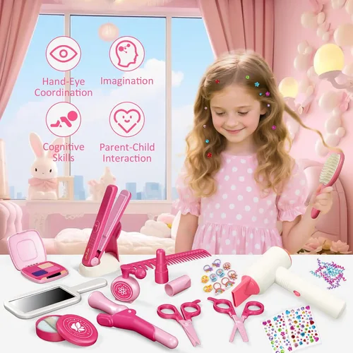 Vista 4 de RedCrab Juguetes de peluquería para niñas, 45 piezas de peluquería con secador de pelo, peine, joyas brillantes para el cabello, juego de peinado