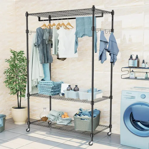 Vista 5 de Himimi Perchero resistente de 3 niveles con ruedas, estante de alambre ajustable con barra para colgar, 4 ganchos laterales, estante de Gris
