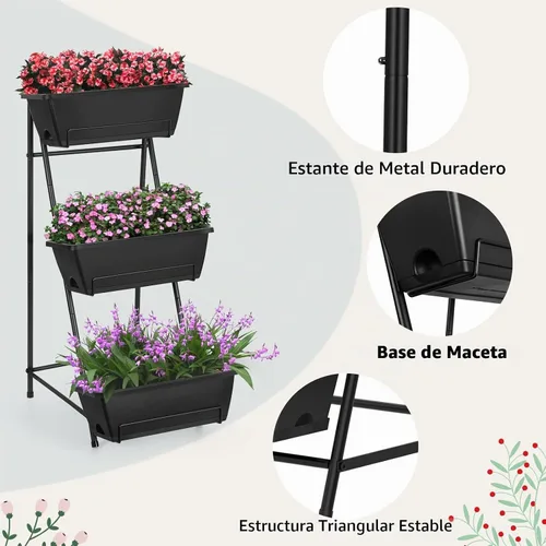 Vista 4 de Cama de jardín elevada vertical de 3 niveles, soporte de macetas de jardín elevadas, caja de maceta de jardín vertical con agujeros de drenaje