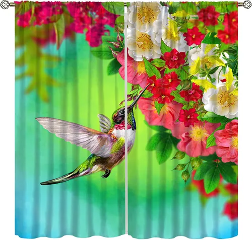 Vista 19 de Cortinas opacas de flores de colibrí, para dormitorio y sala de estar, diseño estético rústico y moderno, juego de 2 paneles, 42 x 45 pulgadas