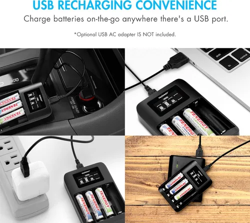 Vista 3 de Tenergy TN474U Cargador de batería NiMH/NiCD de 4 bahías con pantalla LCD y entrada USB, cargador portátil para baterías AA/AAA NiMH y NiCD