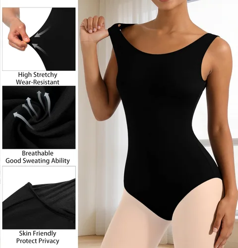 Vista 2 de MOLLDAN Leotardo de ballet sin mangas para mujer con medias, forro frontal completo 1-negro