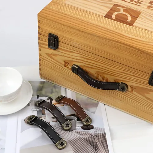 Vista 6 de Tiradores de cuero para cajones con hoja de hierro, capacidad de carga mejorada, 6 unidades, tiradores de caja de madera, caja de regalo, tiradores
