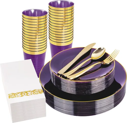 Vista 10 de YOUBET 175 PIEZAS Platos de Plástico Azul Transparente - Platos Desechables Azules y Dorados Incluyen 50 Platos, 75 Cubiertos, 25 Vasos, 25