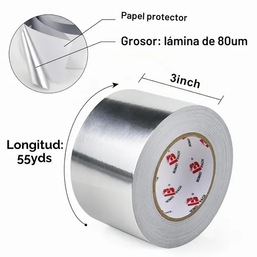 Vista 2 de BOMEI PACK Cinta de lámina de aluminio, cinta de conducto de metal resistente, cinta plateada de alta temperatura, perfecta para sellar y reparar
