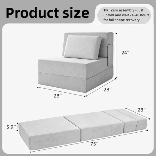Vista 2 de Sofá cama plegable, silla convertible con almohada Gris claro
