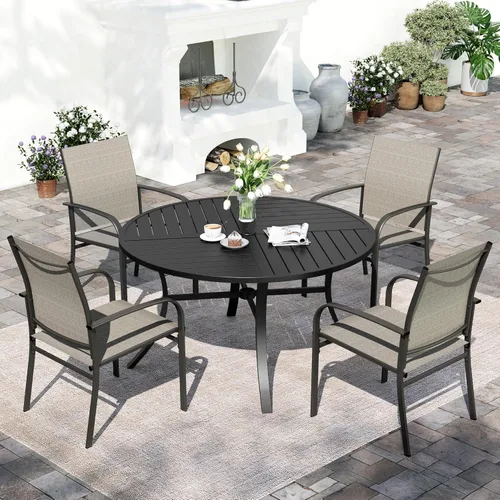 Vista 15 de SUNSHINE VALLEY Juego de comedor de patio para 4, mesa de metal de 37 pulgadas y sillas azules