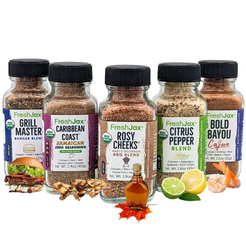 Vista 20 de FreshJax Gourmet especias y sazonadores, caja de regalo (juego de 5) Gourmet five-pack BBQ rub spices for steak, chicken, and seafood, making it