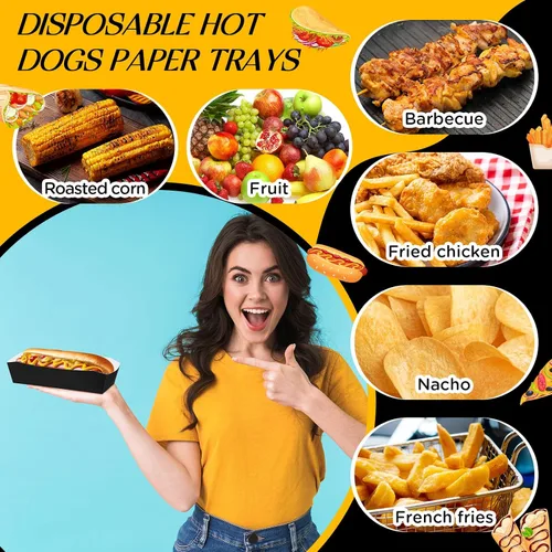 Vista 3 de Yeaqee 100 bandejas de papel de 7 pulgadas desechables para perros calientes, alimentos, nachos, botes para perros calientes, platos de comida Negro