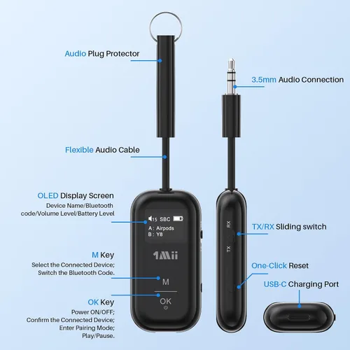 Vista 4 de 1Mii SafeFly Pro Bluetooth 5.3 Transmisor Receptor, Adaptador de Audio Inalámbrico con Pantalla para 2 Auriculares Bluetooth, AptX LL/HD/AD, Uso