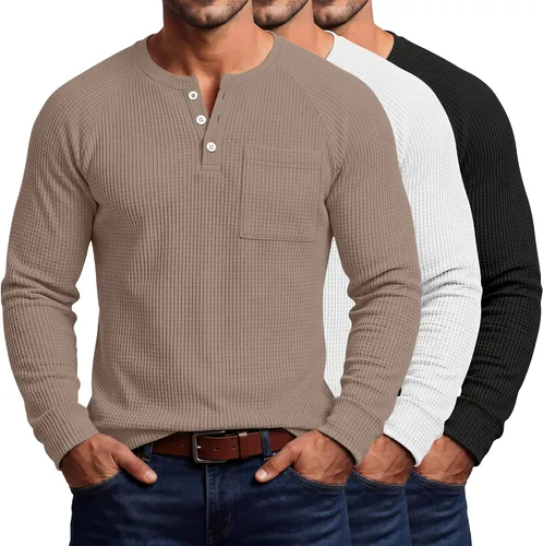 Vista 5 de August Alley Paquete de 3 camisas Henley tipo gofre grandes y altas