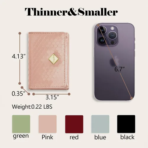 Vista 6 de Billetera triple para mujer, delgada para tarjetas de crédito, carteras de cuero con ventana de identificación, Rosado, Trifold