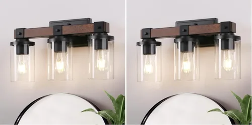 Vista 10 de EDISHINE - Apliques de pared de madera pintada de 2 luces, lámpara de tocador de granja Clear Glass Shade, Up & Down Mounting Optional, E26 Base