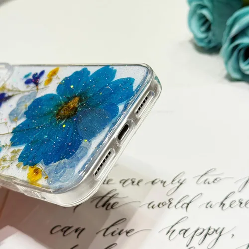 Vista 6 de Funda floral para iPhone 17 con flores reales prensadas, bonito diseño de flores secas prensadas transparentes con purpurina para mujer, suave TPU