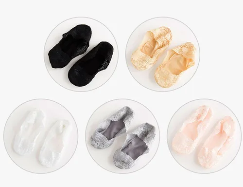 Vista 7 de 5 pares de calcetines de encaje para niñas, de corte bajo, antideslizantes, invisibles, de algodón, con forro de algodón