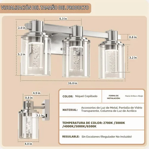 Vista 7 de Quntis Lámparas de baño de níquel cepillado con 5 modos de color, lámpara de tocador de baño moderna regulable de 3 luces sobre espejo, lámpara