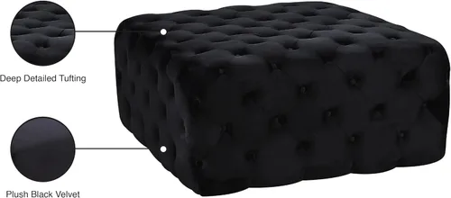 Vista 4 de Meridian Furniture Ariel Collection Modern Otomana/banco tapizado de terciopelo negro contemporáneo con botones profundos, marco de madera maciza