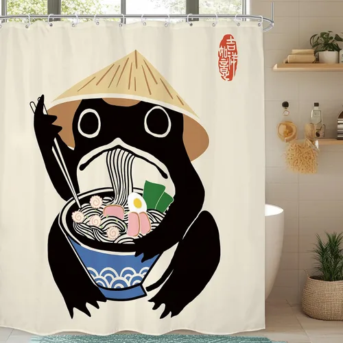 Vista 34 de Juego Divertido de Cortina de Rana Retro para Ducha, Juego de Baño 48x71 Pulgadas, Estilo Asiático Lindo, Arte Japonés Tradicional de Pato de Goma